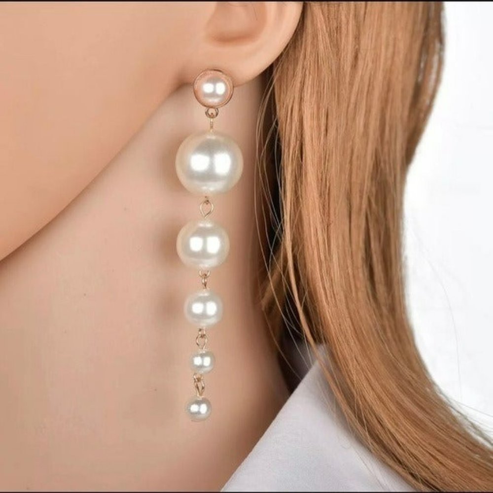 NEW Bohemian Big Faux Pearls String Dangle Long‎ Stud Earrings 3.5” Lenght